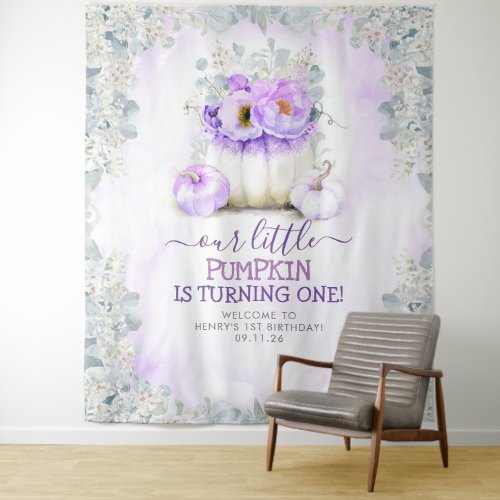 Purple Floral Pumpkins Fall Birthday Party Welcome Tapestry