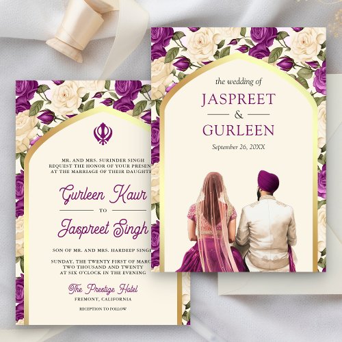 Purple Floral Punjabi Anand Karaj Sikh Wedding Invitation