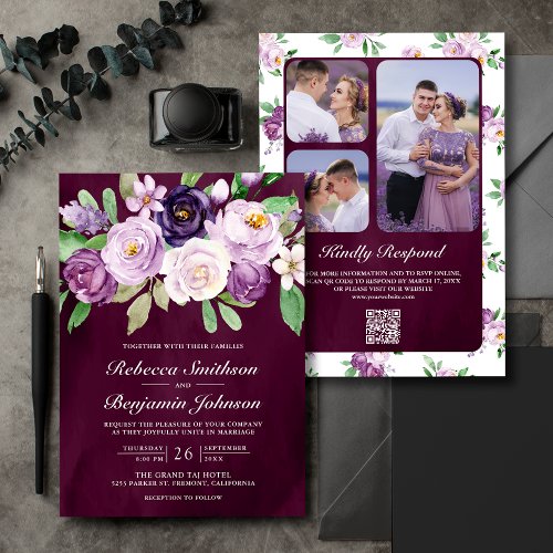 Purple Floral QR Code Dark Moody Plum Wedding Invitation