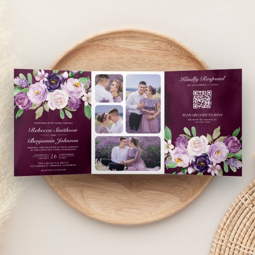 Purple Floral QR Code Dark Moody Plum Wedding Tri_Fold Invitation