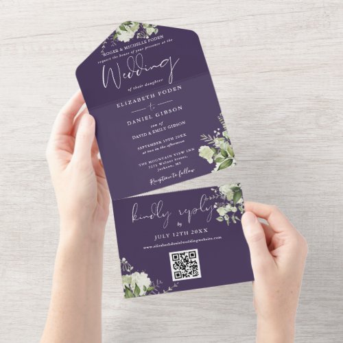 Purple Floral QR Code Formal Wedding All In One Invitation
