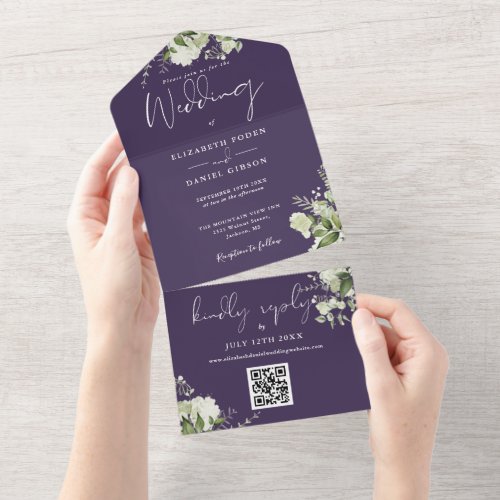 Purple Floral QR Code Monogram Wedding All In One Invitation