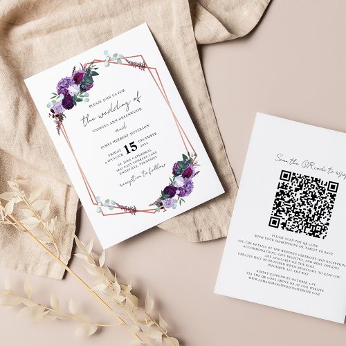 Purple Floral QR Code Script Wedding Invitation