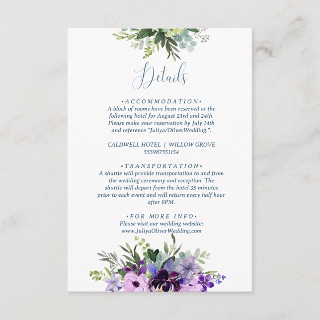 Purple Floral QR code wedding  Enclosure Card (Front)