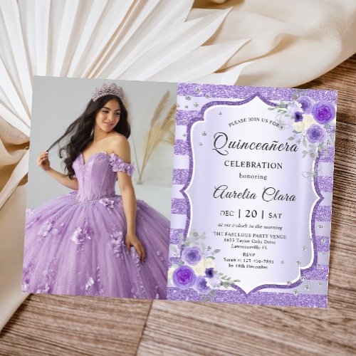 Purple Floral Quinceanera Birthday Photo Invitation