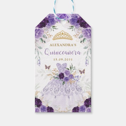 Purple Floral Quinceanera Dress Princess Crown Gift Tags