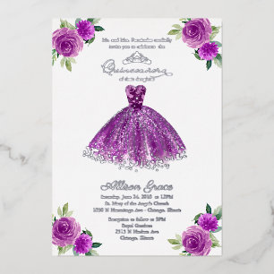 Purple Floral Quinceanera Foil Invitation