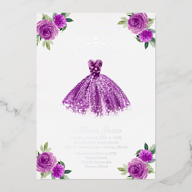 Purple Floral Quinceanera Foil Invitation (Front)
