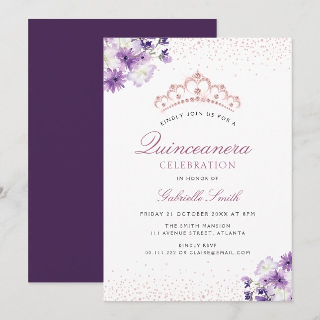 purple floral Quinceanera invitation (Front/Back)