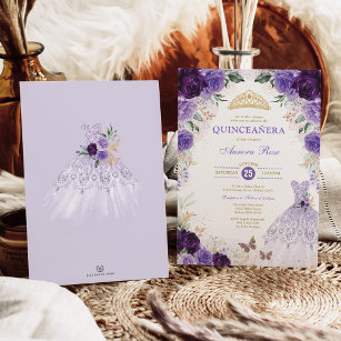 Quinceañera Invitation Template 5x7 Purple Lilac Lavender Wisteria  Butterfly Floral Spanish English Editable Customizable Español 