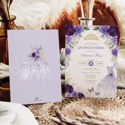 Purple Floral Quinceaera Mis Quince 15th Birthday Invitation