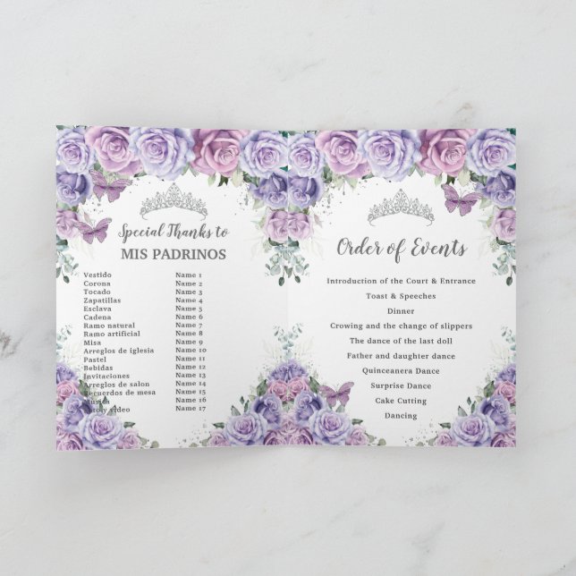Purple Floral Quinceañera Order of Events Padrinos Program (Inside)