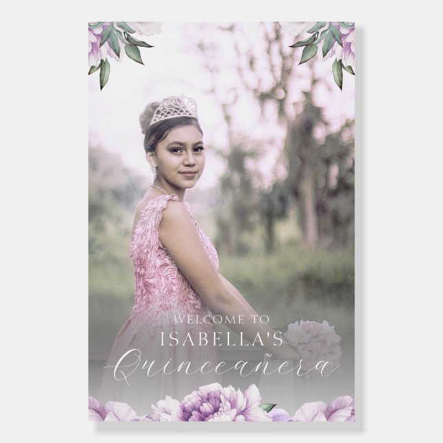 Purple Floral Quinceañera Party Welcome Sign (Front)