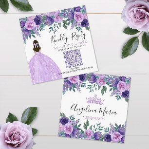 Purple Floral Quinceanera QR Code RSVP Enclosure Card