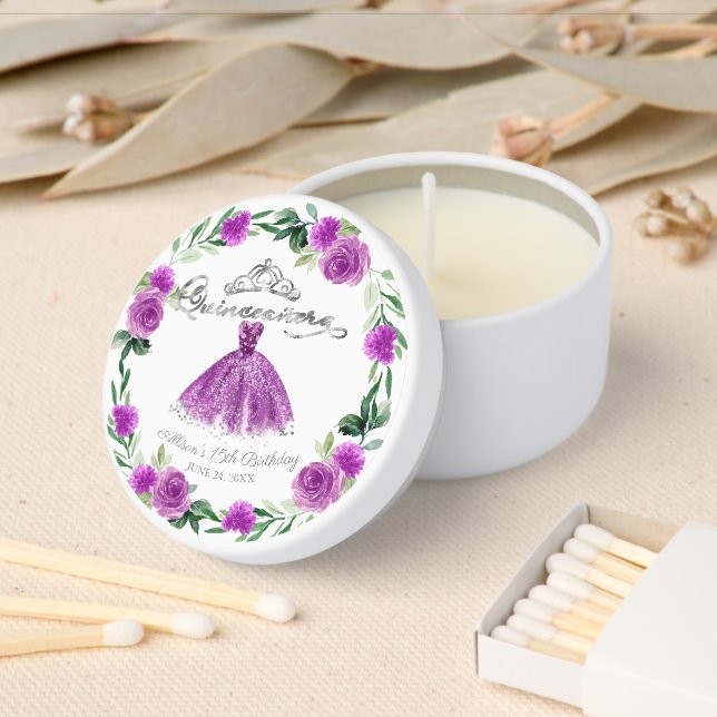 Purple Floral Quinceañera Tiara Mini Candle Favors (Insitu)