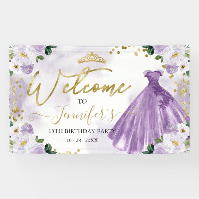 Purple Floral Quinceanera Welcome Banner (Horizontal)