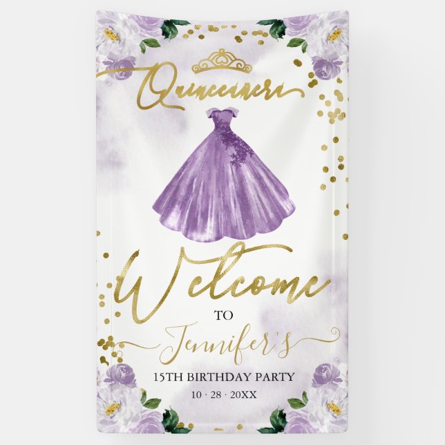 Purple Floral Quinceanera Welcome Banner (Vertical)