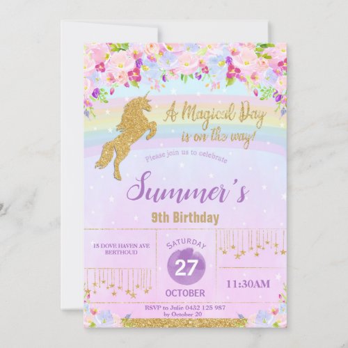 Purple Floral Rainbow Unicorn Birthday Party Girl Invitation