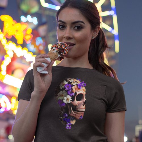 Purple Floral Realism Womens Day of the Dead Skull T_Shirt