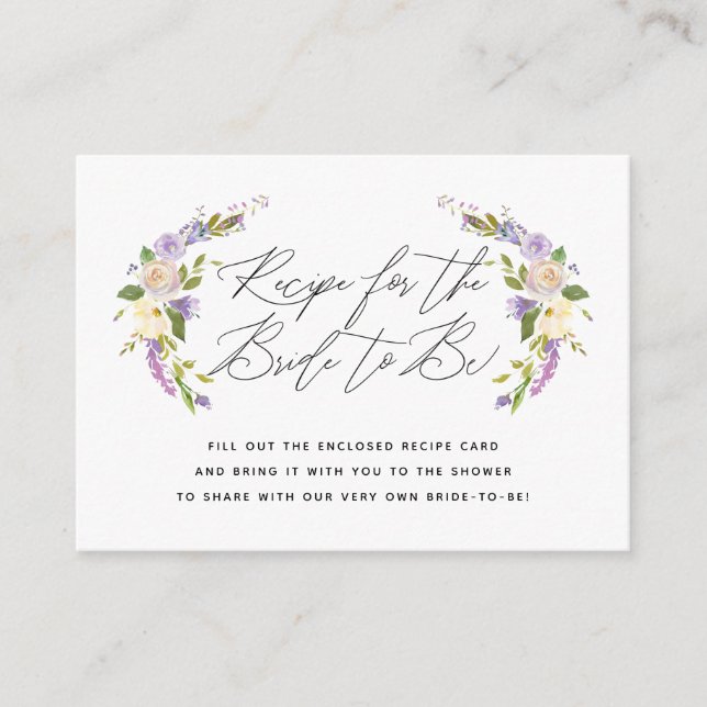 Purple Floral Recipe Instructions for Bride to Be Enclosure Card (Front)