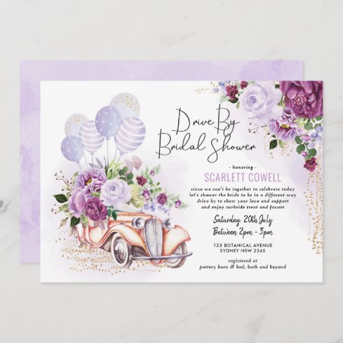 Purple Floral Retro Car Drive By Bridal Shower Invitation