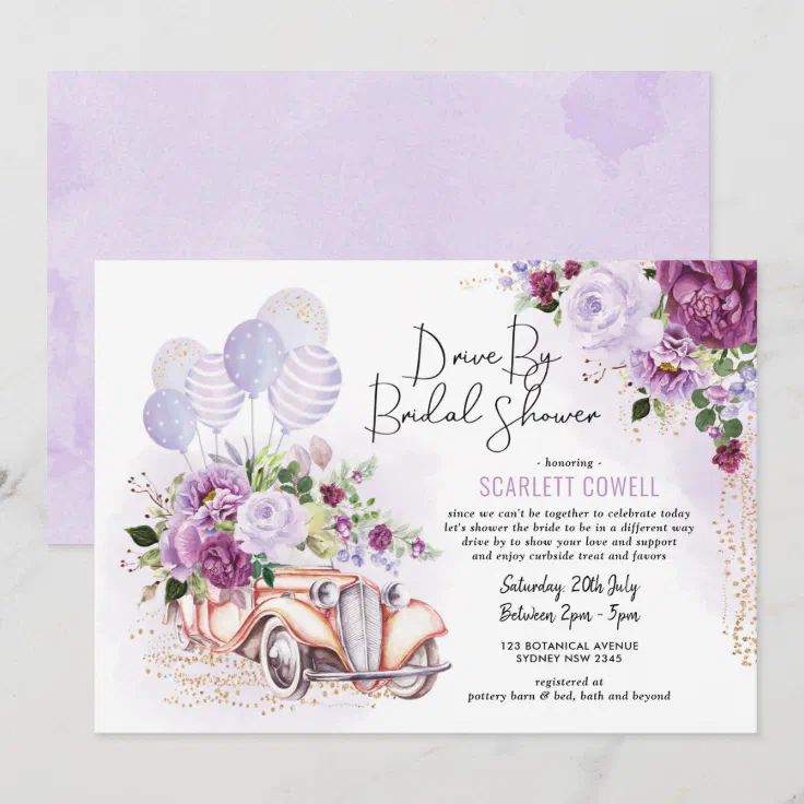 Purple Floral Retro Car Drive By Bridal Shower Invitation Zazzle