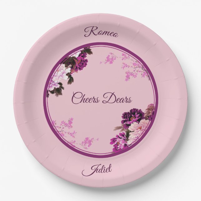 Purple Floral Ring Wedding Paper Plate (Front)