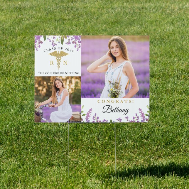 Purple Floral RN Nursing Graduation 2 Photo Yard Sign (Insitu)