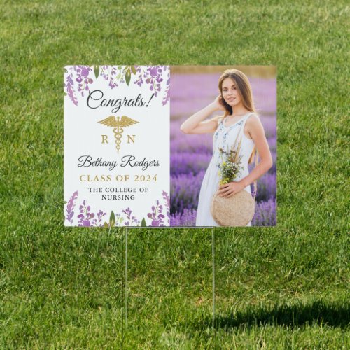 Purple Floral RN Nursing Graduation Photo Yard Sign