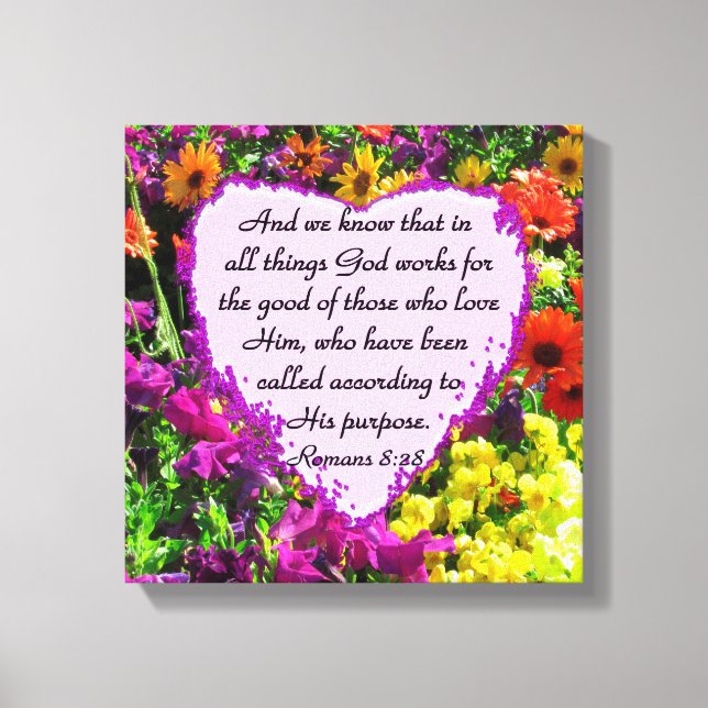 PURPLE FLORAL ROMANS 8:28 PHOTO DESIGN CANVAS PRINT (Front)