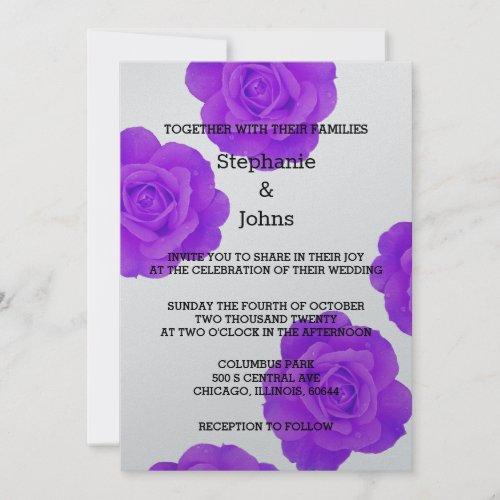 Purple Floral Rose Flowers Elegant Silver Wedding Invitation