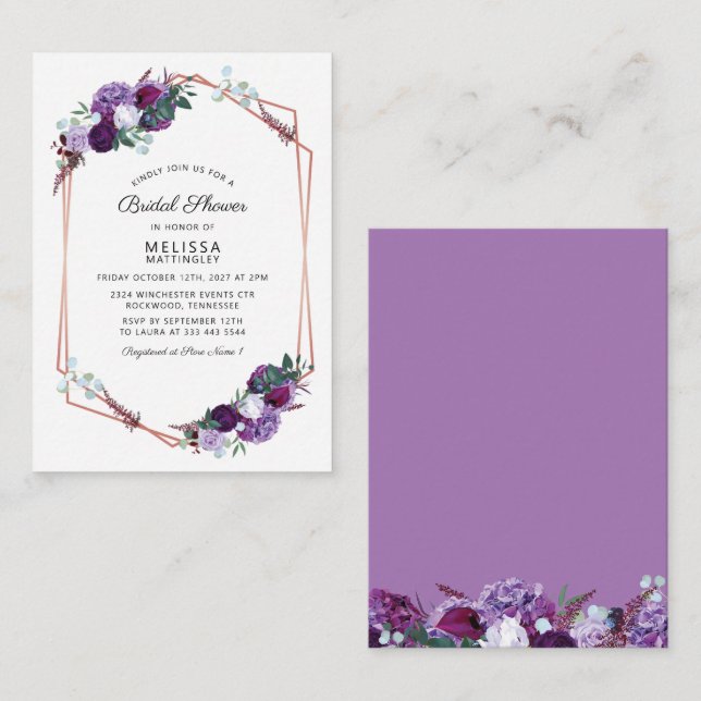 Purple Floral Rose Gold Frame Bridal Shower Budget Note Card (Front/Back)