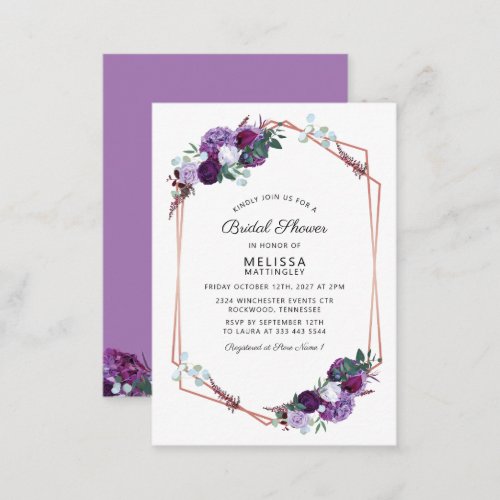 Purple Floral Rose Gold Frame Bridal Shower Budget Note Card