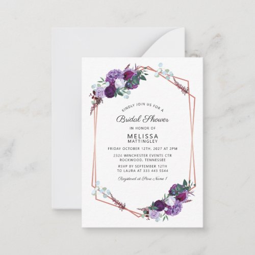 Purple Floral Rose Gold Frame Bridal Shower Note Card