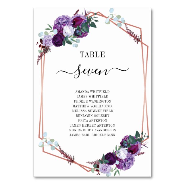 Purple Floral Rose Gold Frame Wedding Seating Card (Front)