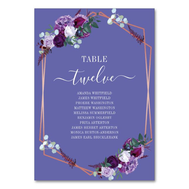 Purple Floral Rose Gold Frame Wedding Seating Card (Front)