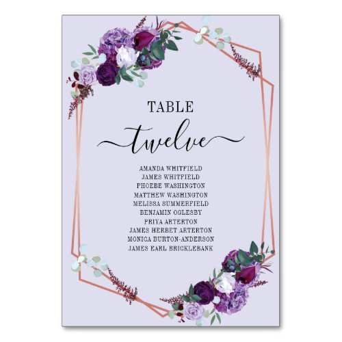 Purple Floral Rose Gold Frame Wedding Seating Card