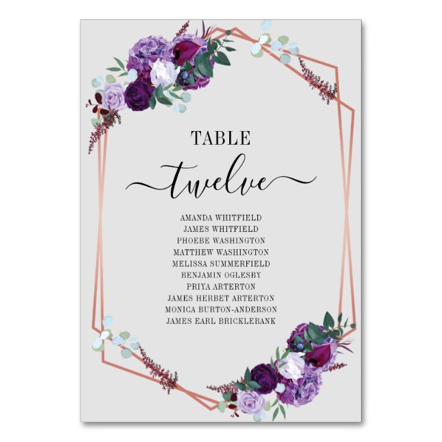 Purple Floral Rose Gold Frame Wedding Seating Card (Front)