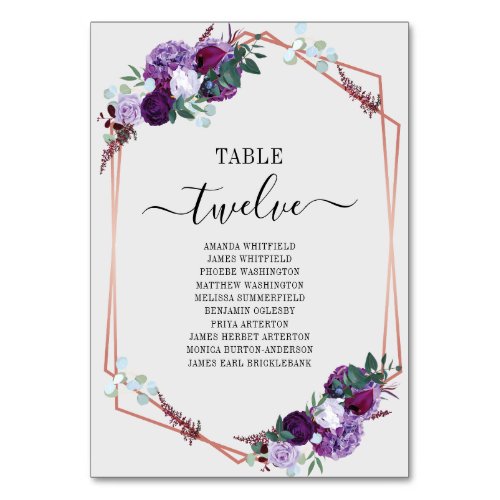 Purple Floral Rose Gold Frame Wedding Table Number