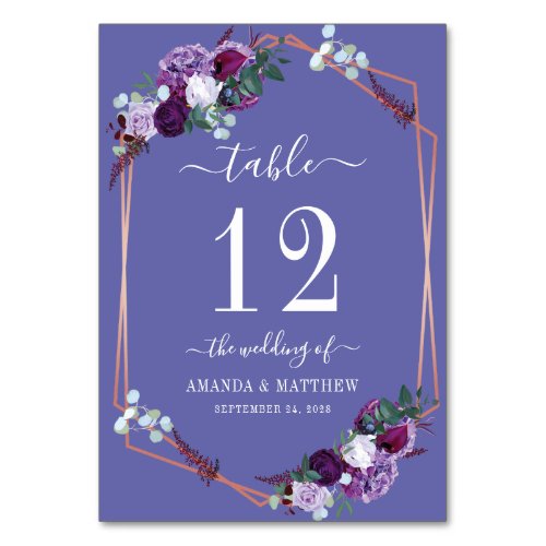 Purple Floral Rose Gold Frame Wedding Table Number