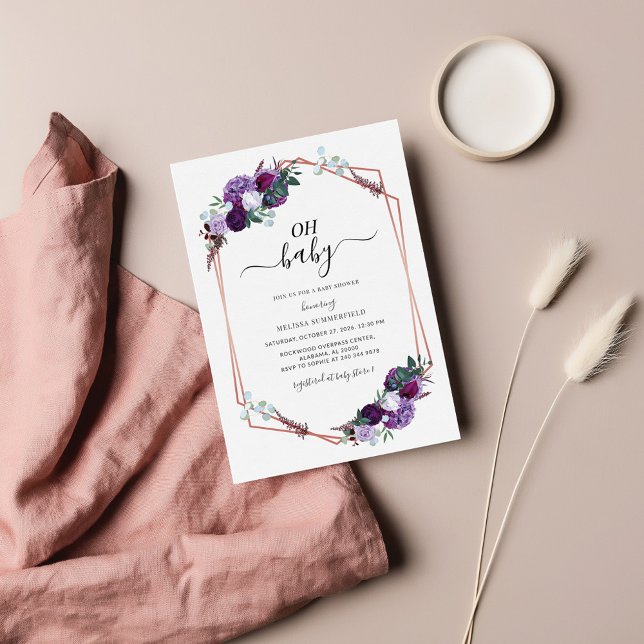 Purple Floral Rose Gold Geometric Baby Shower Note Card (Creator Uploaded)