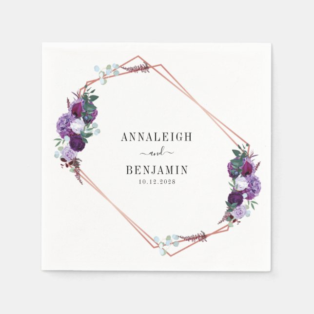 Purple Floral Rose Gold Geometric Frame Script Napkins (Front)