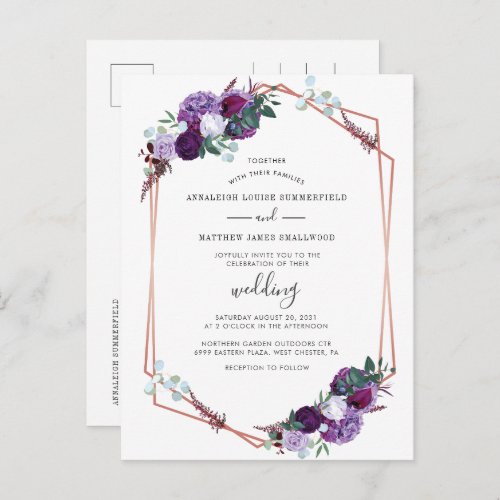 Purple Floral Rose Gold Geometric Wedding Invitation Postcard
