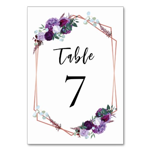 Purple Floral Rose Gold Geometric Wedding Table Number