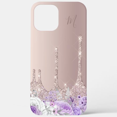 Purple floral rose gold glitter drips monogram iPhone 12 pro max case