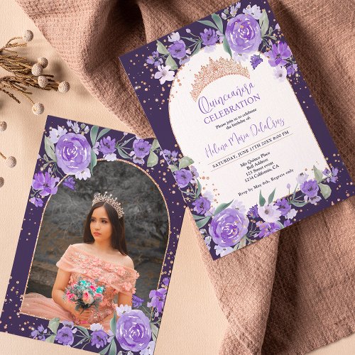 Purple floral Rose gold tiara princess Quinceanera Invitation