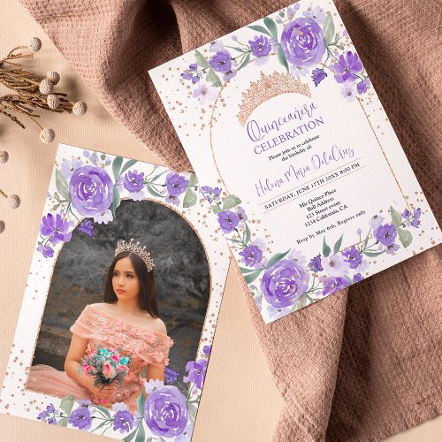 Purple floral Rose gold tiara princess Quinceanera Invitation
