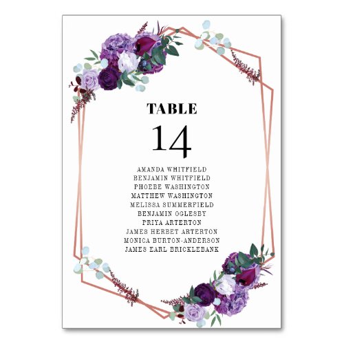 Purple Floral Rose Gold Wedding Seating Card