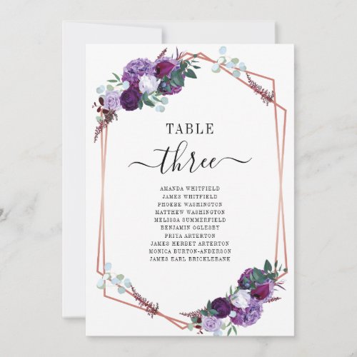 Purple Floral Rose Gold Wedding Table Number 3