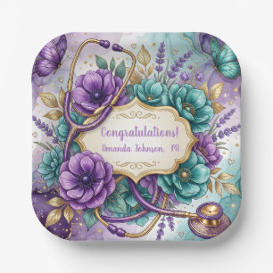 Purple Floral Rose Graduation Paper Plates